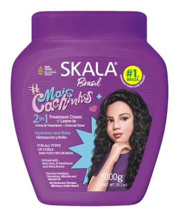 Purple Skala hair care product container with a woman's face on a white background